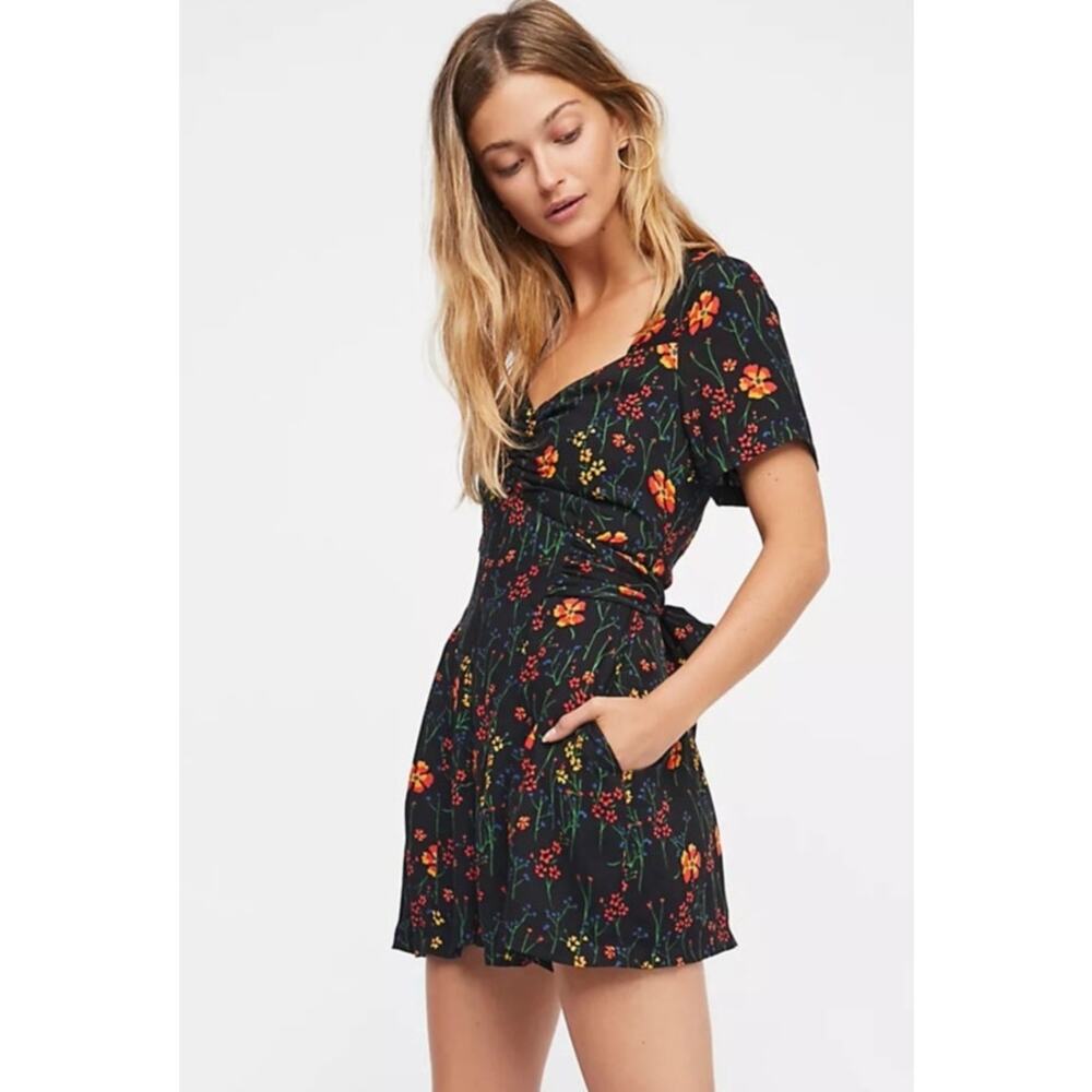 Free People Black Floral Short Sleeve Romper with Orange & Red Flowers